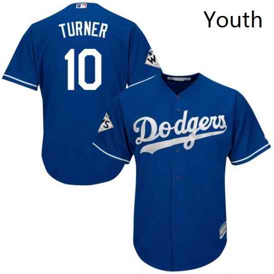 Youth Majestic Los Angeles Dodgers 10 Justin Turner Authentic Royal Blue Alternate 2017 World Series Bound Cool Base MLB Jersey